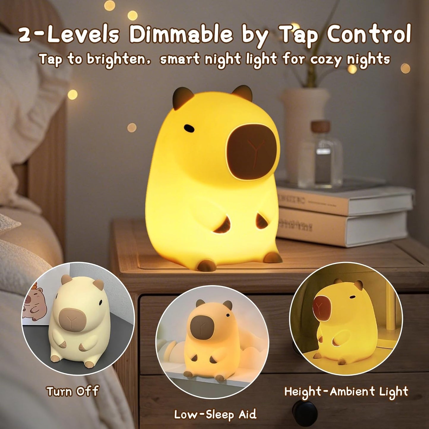 Luz Nocturna Infantil Capybara, Luz Bebe Nocturna LED De Animales Blandos, Lampara Bebe Noche Con 2 Modos Brillo, Recargable, Táctil, Decoración Para Dormitorio, Regalo Para Bebés Y Niños