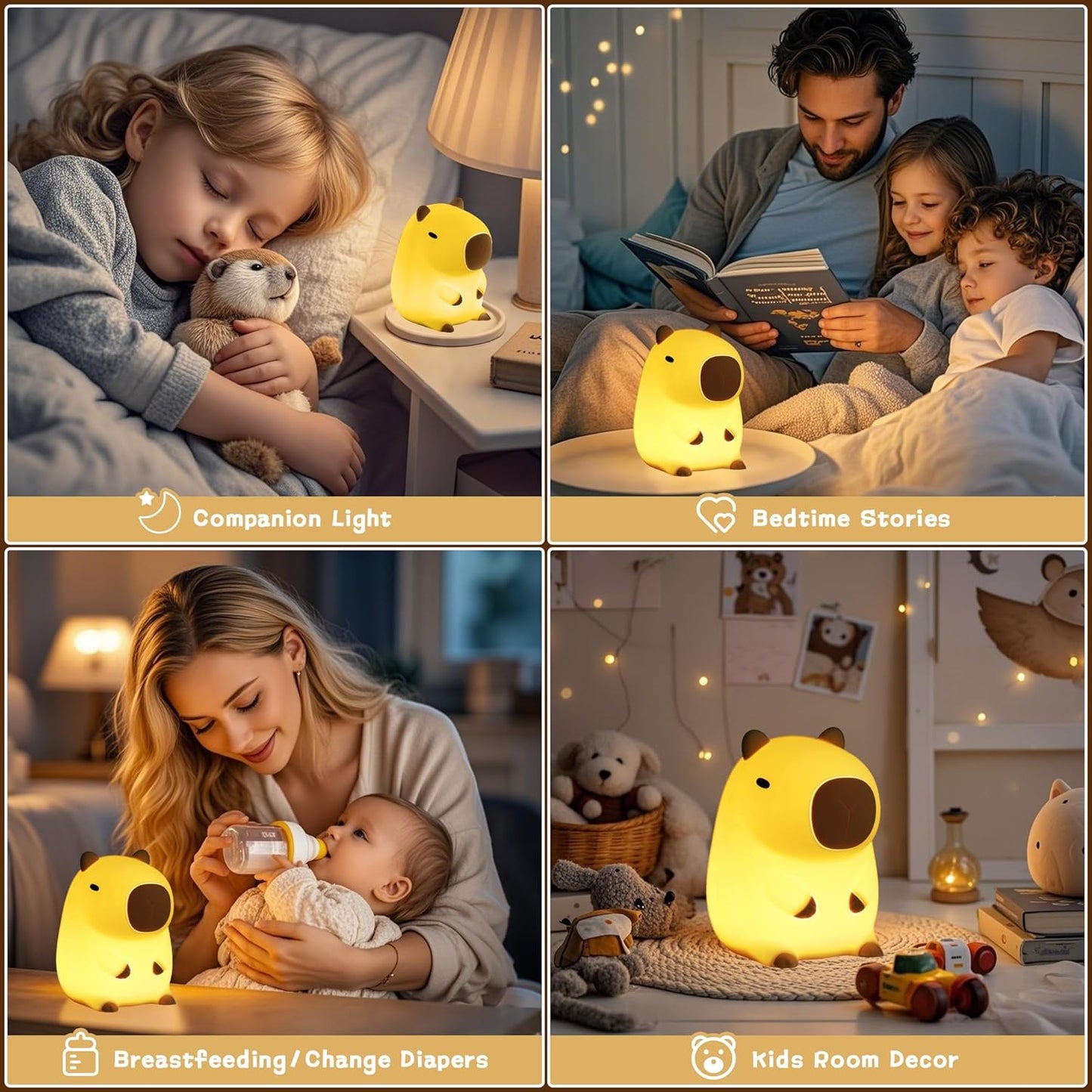 Luz Nocturna Infantil Capybara, Luz Bebe Nocturna LED De Animales Blandos, Lampara Bebe Noche Con 2 Modos Brillo, Recargable, Táctil, Decoración Para Dormitorio, Regalo Para Bebés Y Niños